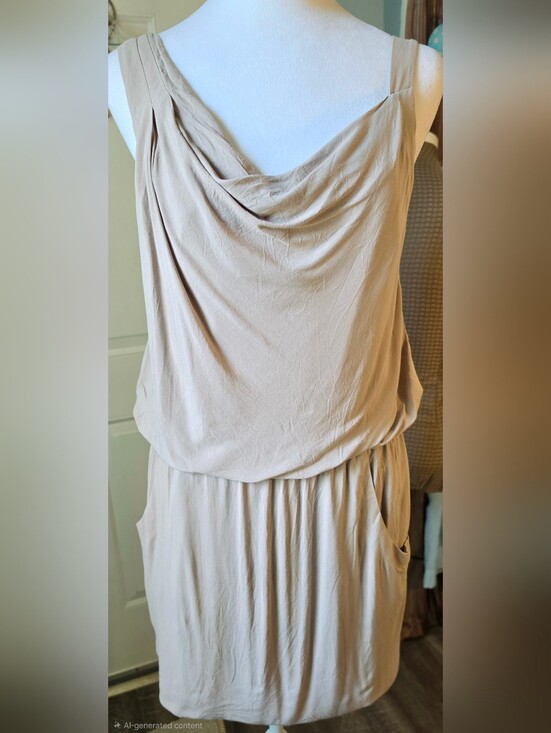 Theory Dresses & Skirts - Theory Jaylyn Sleeveless Drape Neck Midi Dress Womens M Taupe Pockets Minimalist